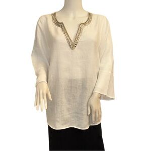J. Jill White Linen Embellished Blouse Size Medium